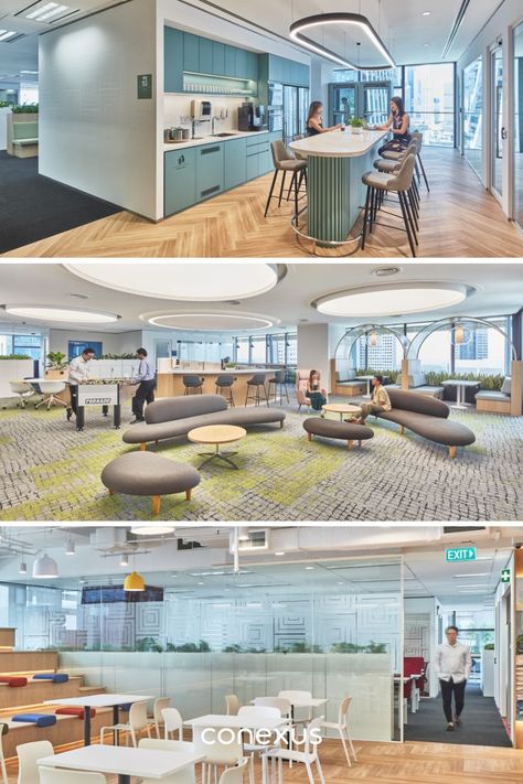 With plenty of modern office collaboration and discussion areas included in the design, Sanofi's new office creates an engaging workspace that celebrates Sanofi’s culture, empowering Sanofians to thrive, collaborate, and contribute. #collaborationspace #officecollaborationarea #workplacedesigncollaborativespace New Office, Modern Office, Office Design, Singapore, Design