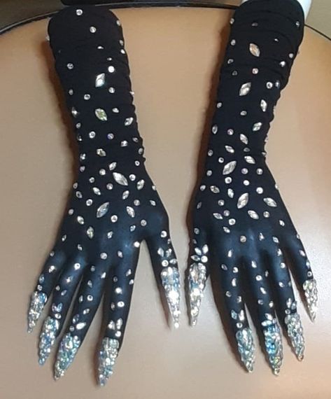 Long Diamond Nails, Gloves With Claws, Nails Crystals, Nude Gloves, Drag Queen Costumes, Drag Ideas, Claw Gloves, Living Statue, Gothic Lingerie