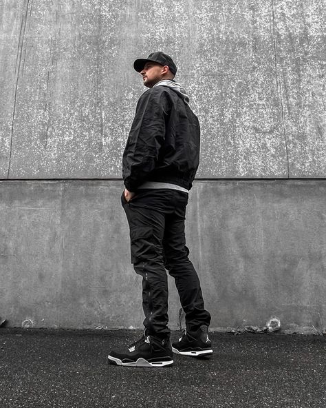 #outfit #ootd #airjordan #streetwear #jordan4 Black Canvas 4s Outfit Men, Jordan 4 Canvas Outfit, Black Canvas Jordan 4 Outfit, Black Canvas Outfit, Black Cat 4s Outfit, Black Jordans Outfit, Dress With Jordans, Canvas Outfit, Jordan 4 Retro Outfit