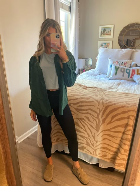 Woman’s Button Up Outfit, Short Sleeve Leggings Outfit, Button Up And Leggings Outfit, Cute Casual Spring Outfits For Women, Leggings And Birks Outfit, Outfit Idea With Leggings, Lazy Leggings Outfit Winter, Cozy Casual Outfits Summer, Long Sleeve Summer Outfits Casual