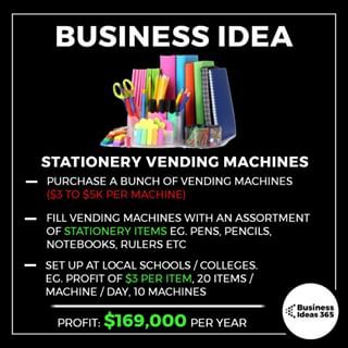 Students are always losing their pens or breaking their rulers. Setting up stationary vending machines in schools or universities would almost certainly prove a profitable venture...﻿ |﻿ | 💡Follow @businessideas365 for a new business idea every other day﻿ |﻿ #entrepreneur #makemoney #entrepreneurlife #money #business #youngentrepreneur #businessideas #startup #startupidea #student #university #studentlife #study #education #school Business Entrepreneur Startups, Vending Machine Business, Business Ideas Entrepreneur, Entrepreneur Startups, New Business Ideas, Money Saving Plan, Vending Machines, Finances Money, Business Entrepreneurship