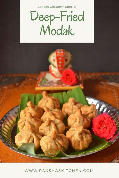 Deep Fried Modak - Indian dumplings made of whole wheat flour, rated coconut and jaggery. These are served for festivals like Ganesh Chaturthi. #dumplings #GaneshChaturthi #recipes #pinterestrecipes #trendingonpinterest #pinterestfoods #modak #deepfriedmodak #desserts #sweets #festive #festivals Indian Dumplings, Modak Sweet, Recipes Dessert Healthy, Modak Recipe, Diwali Recipes, Dessert Healthy, Indian Desserts, Grated Coconut, Indian Sweets