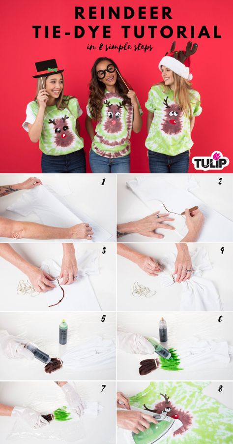 Christmas Tye Dye Ideas, Tie Dye Steps, Easy Diy Tie Dye, Tie Dye Instructions, How To Make A Tie, Tie Dye Folding Techniques, Tulip Tie Dye, Diy Reindeer, Christmas Tie Dye