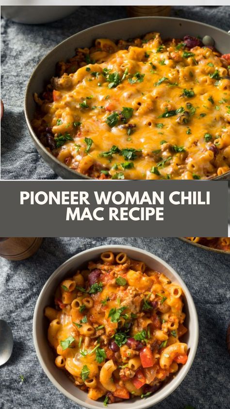 Pioneer Woman Chili Mac recipe includes yellow onion, garlic, olive oil, ground beef, flour, chili powder, smoked paprika, garlic powder, dried oregano, tomato sauce, beef broth, macaroni, and shredded cheddar. It serves 6 and takes about 30-40 minutes to prepare and cook. Chili Mac Recipes Ground Beef, Recipes With Chili Powder, Dutch Oven Chili Mac, Best Chili Mac Recipe, Pioneer Woman Easy Dinner Recipes, Steak And Shake Chili Mac Recipe, Chilli Mac Recipe, Healthy Chili Mac, Chilli Mac And Cheese