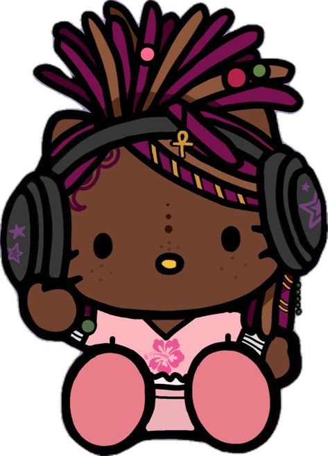 Black hello kitty with purple and brown locs. She wears a pink outfit and black headphones. Black Hello Kitty, Princess Kitty, Locs, Hello Kitty, Kitty, Black