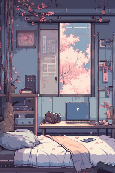 Anime Room Wallpaper, Anime Room Drawing, Pixel Lofi Wallpaper, Lofi Posters, Lofi Phone Wallpaper, Anime Room Aesthetic Wallpaper, Pixel Art Bedroom, Aesthetic Pixel Art Wallpaper Desktop, Liminal Bedroom