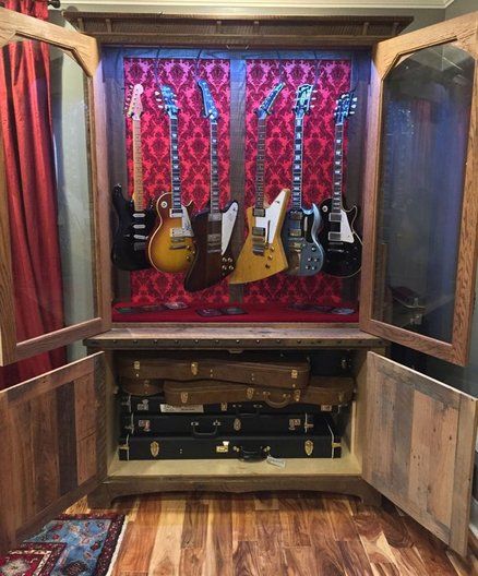 Guitar Storage Cabinet, Guitar Display Case, Music Furniture, Guitar Storage, Guitar Decor, Guitar Studio, Music Room Design, Dome Greenhouse, Guitar Display