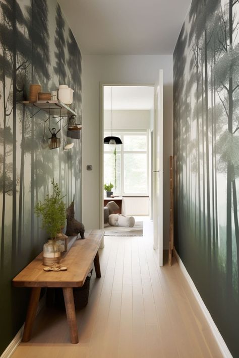 Hallway Ideas: 5 Styles to Try When Renovating a Hallway - Melanie Jade Design Forest Hallway Decoration, Wallpaper Entrance Hall, Wallpaper In Hall, Forest Entryway, Hall Wallpaper Ideas, Forest Hallway, Hallway Wallpaper Ideas, Hallway Mural, Pine Bench