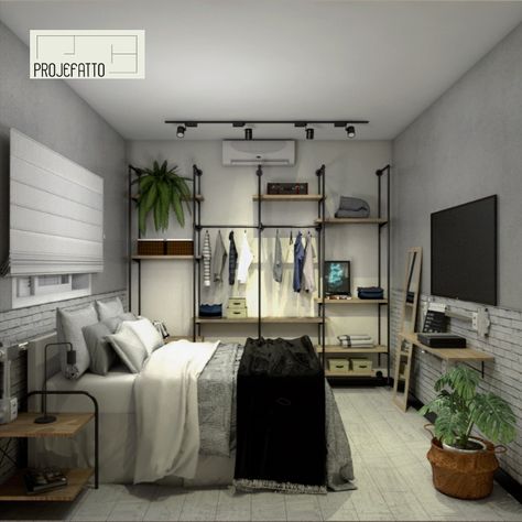 Quarto de Casal, com tema industrial e escandinavo. Closet aberto, parede de cimento queimado e tijolinhos aparentes. Projeto feito a distância, no Projeto Transforma. Saiba mais em nosso site. Closet Estilo Industrial, Industrial Apartment Decor, Luxury Interior Design Living Room, Living Room Ideas Luxury, Male Bedroom Ideas, Industrial Style Bedroom, Mansion Interior, Apartment Inspiration, Living Room Inspo