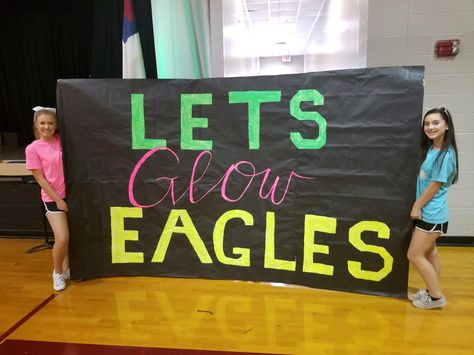 sign for the football players to run through at the beginning of the pep rally✨ *not pictured: the fog machine for dramatic effect Glow Pep Rally Signs, Neon Themed Football Posters, Field Signs For Football, Neon Run Through Signs Football, Neon Pep Rally Posters, Neon Out Football Game Posters, Cheer Signs For Football Games, Neon Pep Rally Signs, Neon Theme Football Game Signs