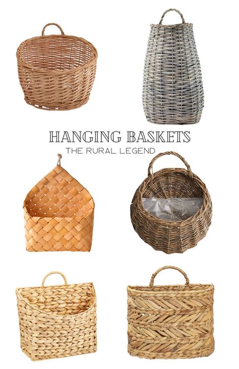 budget friendly farmhouse and boho hanging baskets for home decor and spring style. Fill them with florals, greenery or use as hanging storage Baskets Hanging On Wall Storage, Baskets On Hooks, Baskets As Wall Shelves, Wall Hung Storage Baskets, Basket On Wall For Storage, Small Hanging Baskets On Wall, Hanging Baskets Entryway, Wall Hanging Baskets Organizing Ideas, Wall Basket Filler Ideas