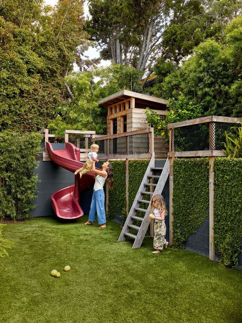 Ariel Kaye Home, Backyard Climbing Structure, Balcony Play Area, Update Backyard, Kid Friendly Backyard Ideas, Bungalow Patio, Backyard Ideas For Kids, Play Area Garden, Kids Garden Play