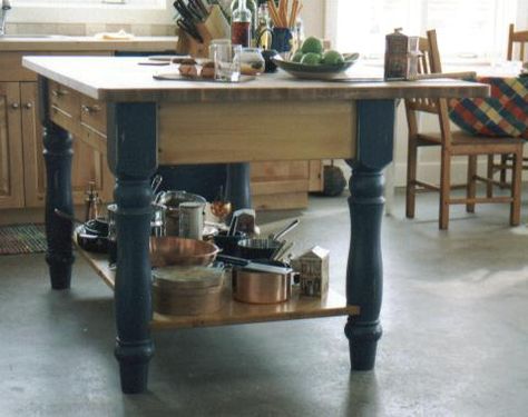 adding a middle shelf to a turned legs island - WOODWEB's Cabinetmaking Forum Kitchen Island With Legs, Antique Kitchen Table, Church Kitchen, Unfitted Kitchen, Home Design Kitchen, Lake House Kitchen, High Top Tables, Stock Cabinets, Kitchen Refresh