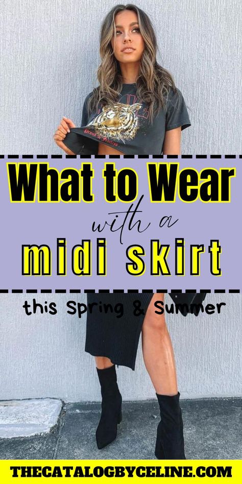 What to Wear with a Midi Skirt this Spring & Summer 2024 | Midi Skirt Outfits Black Midi Skirt Summer Outfit, Shoes To Wear With Midi Skirt, Black Skirt Outfit Summer Casual, How To Style A Floral Skirt, How To Style Midi Skirts, How To Style A Midi Skirt, Tshirt And Skirt Outfit Casual, Skirt Outfits Midi, Midi Skirt Outfit Spring