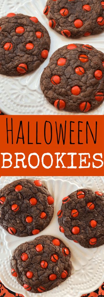 Easy Halloween Brookies Halloween Brookies, Pumpkin Cookies Recipes, Halloween Brownie, Chocolate Chocolate Chip Cookies, Halloween Party Desserts, Brookies Recipe, Cookies For Halloween, Brownie Mix Cookies, Halloween Brownies