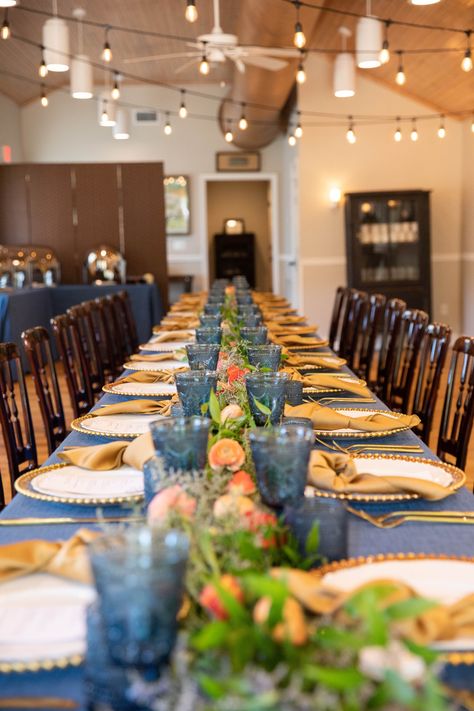 Wedding Rehearsal Dinner Ideas, Blue Rehearsal Dinner, Rehearsal Dinner Decor, Table Setting Design, Colored Table, Loveless Cafe, Dinner Decor, Set The Table, Dinner Decoration