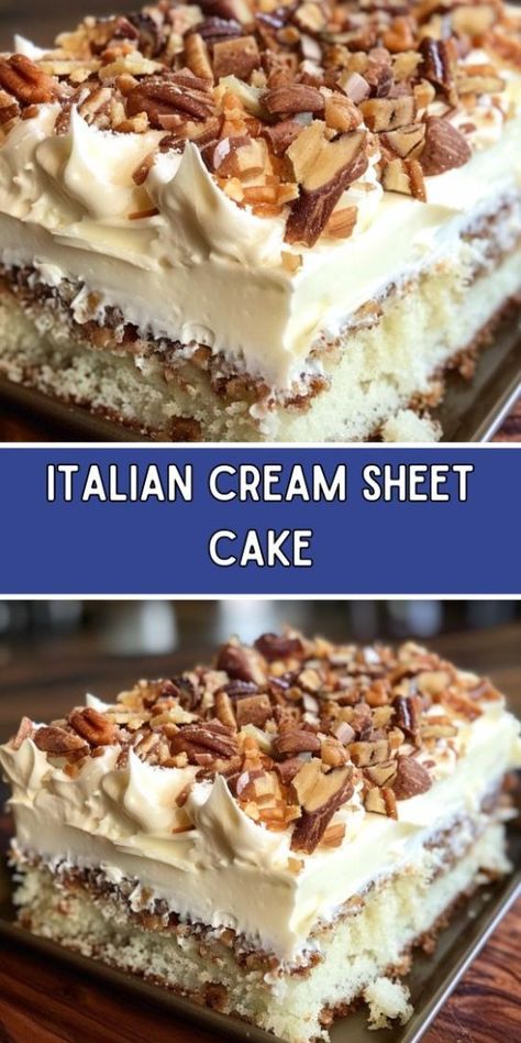 Italian Cream Sheet Cake Italian Cream Sheet Cake, Italian Cream Cake Recipe, Desserts Gluten Free, Cake Summer, Italian Cream Cakes, Italian Cream, Italian Cake, Sheet Cake Recipes, Easy Summer Desserts