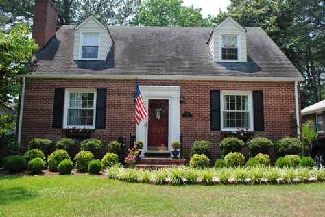 Brick cape cod. Brick Cape Cod, Cape Cod Exterior, Cape Cod House Exterior, Cape Cod House Plans, Cape Cod Cottage, Black Shutters, Little Cottages, Exterior Stairs, Cape Cod Style