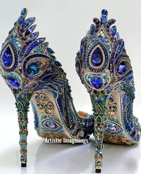 Fantasy High Heels, Peacock Heels, Magical Inspiration, Fantasy Peacock, Peacock Shoes, Whimsical Shoes, Fantasy High, Simple Family Meals, Fairy Shoes