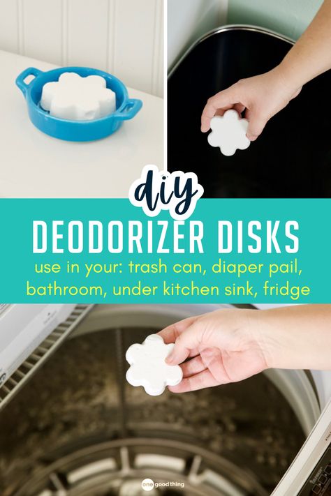 Trash cans, diaper pails, and even litter boxes? No problem! These easy-to-make disks will leave them smelling fresh and clean for a whole month! Diy Deodorizer, Diaper Pail Deodorizer, Diaper Pails, Diy Litter Box, Cuffs Diy, Homemade Cleaning Supplies, Homemade Deodorant, Homemade Cleaners, Your Trash