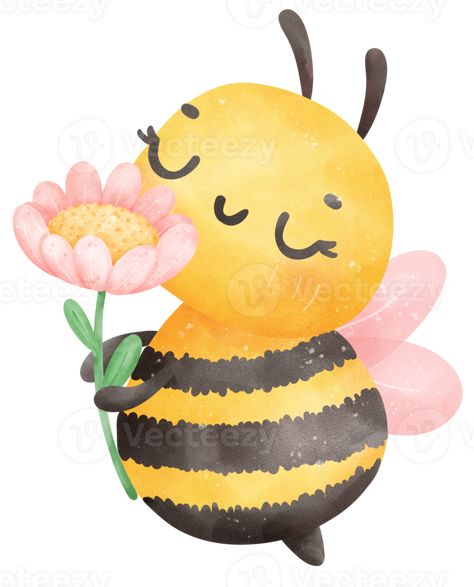 Cute Honey bee with flower Honey Bee Watercolor, Honey Bee Cartoon, Bee Watercolor, Cute Honey Bee, Bee Cartoon, Bee Room, Bee Quotes, Bee Tattoo, Bee On Flower