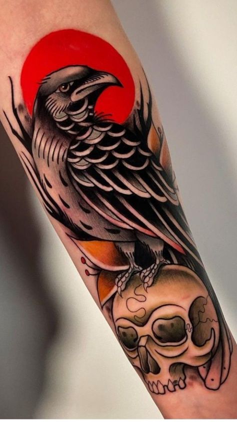 Traditional Tattoo Crow, Traditional Eagle Tattoo, Bear Tattoo Designs, Traditional Tattoo Inspiration, Traditional Tattoo Designs, Traditional Tattoo Sleeve, Fu Dog, Crow Tattoo, Crow Skull