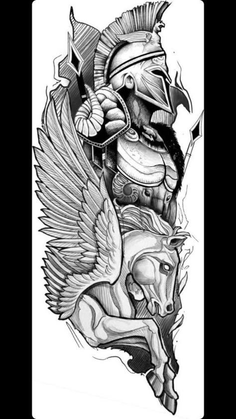 Gladiator Horse Tattoo, Pegasus Tattoo Stencil, Roman Gods Tattoo, Roman Empire Tattoo, Pegasus Tattoo, Greek God Tattoo, Gladiator Tattoo, Empire Tattoo, Horse Tattoo Design