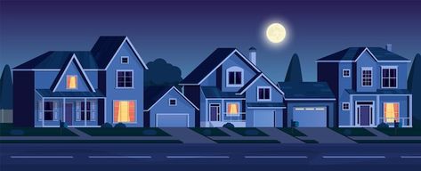 Street in suburb district with houses at... | Premium Vector #Freepik #vector #suburb #suburban #neighborhood #night-house Perfect Suburban Neighborhood, Cartoon Neighborhood Background, Drawing Neighborhood, Neighborhood Drawing, Houses At Night, Suburban Street, Suburban Neighborhood, Night House, House Cartoon