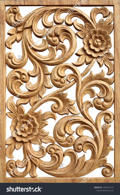 Pattern Flower Carved On Wood Frame Stock Photo (Edit Now) 1499147147 Carved Furniture, Cnc Wood, Wood Carving Designs, Flower Carving, Wood Carving Patterns, Temple Design, Wood Carving Tools, Carving Designs, Scroll Saw Patterns