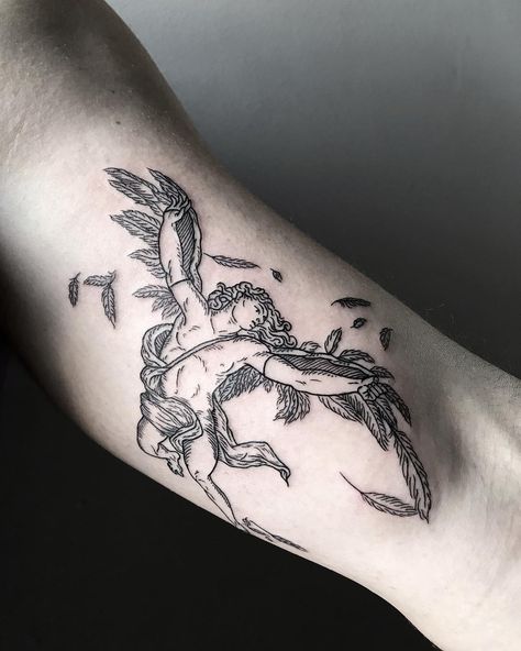 The Fall of Icarus, another tale from Greek mythology warning humanity of the dangers of hubris - ‘don’t fly too close to the sun’. I… Son Of Man Tattoo, Icarus Tattoo, Dragons Tattoo, Christian Sleeve Tattoo, Autumn Tattoo, Greek Mythology Tattoos, Tattoo Inspiration Men, Mythology Tattoos, Greek Tattoos