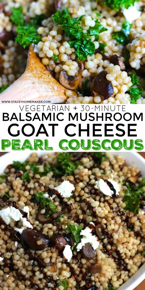 Mushroom Couscous, Balsamic Mushroom, Pearl Couscous Recipes, Balsamic Mushrooms, Creamy Goat Cheese, Vegan Feta Cheese, Pearl Couscous, Couscous Recipes, Mediterranean Diet Recipes