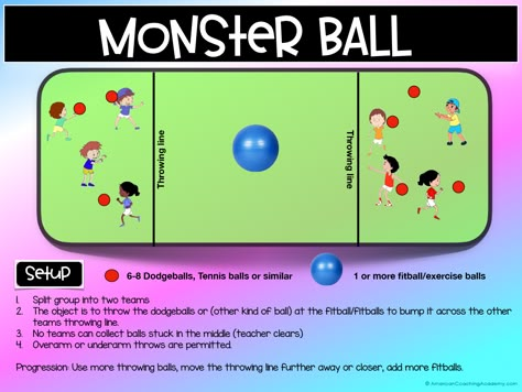 monsterball Halloween Gym Games For Kids, Pre K Pe Games, Halloween Pe Games Physical Education, Halloween Gym Games, Halloween Physical Activities For Kids, Dodgeball Games, Pe Lesson Plans, Club Games, Gym Games For Kids