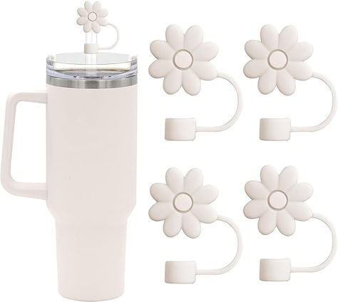 【Straw Covers】Set of four flower-shaped straw caps designed to fit Stanley 40oz/30oz 10mm (0.4in) glass straws. 【Fsahional Design】Our straw cover feature a flower pattern design,cute and delicate,making your cup unique 【Easy to Carry】The straw toppers has a compact appearance and is equipped with a storage box for easy carrying. It's dust, fly and splash proof. It's perfect for indoor and outdoor activities. Straw Covers, Stanley Cups, 40 Oz Tumbler, Parts Of A Flower, Drink Straw, Flower Pattern Design, Disposable Cups, Glass Straws, E 40