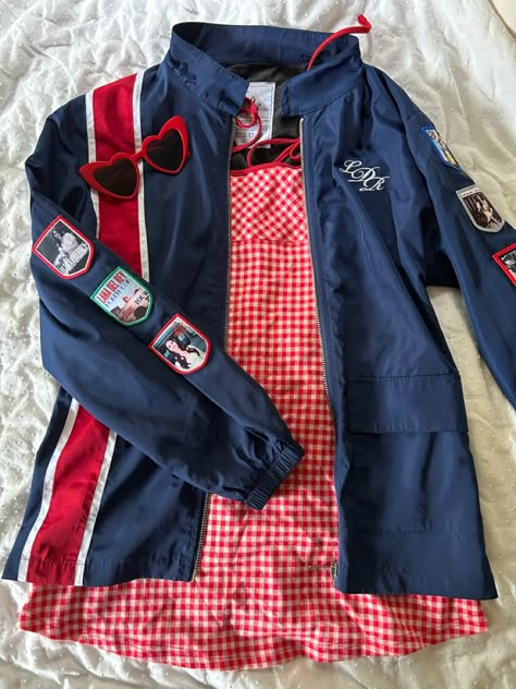 National Anthem Outfit, Btd Summer Aesthetic, Vintage Americana Aesthetic Lana Del Rey, Lana Del Rey Racing Jacket Outfit, Blue And Red Aesthetic Outfit, Americana Vintage Outfit, Lizzy Grant Summer Outfits, Outfits Inspired By Lana Del Rey, Lana Del Rey 4th Of July Outfit