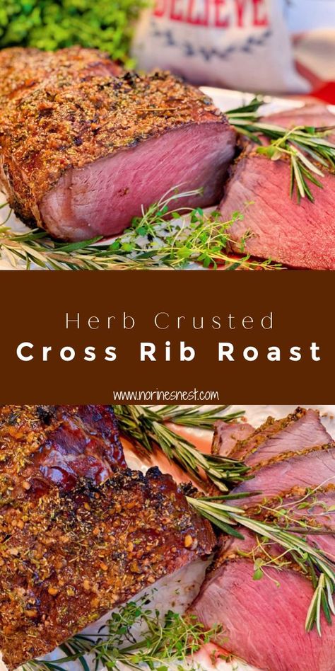 Roasted Herb Crusted Cross Rib Roast sliced with fresh herbs surrounding the roast on a white serving platter. Herb Crusted Prime Rib Roast, Herb Crusted Prime Rib, Crusted Prime Rib, Meat Lovers Recipes, Cross Rib Roast, Wine Gravy, Standing Rib Roast, Prime Rib Roast, Rib Roast