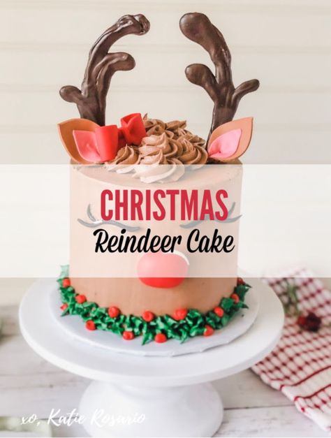 Learn how to make this beautiful Reindeer cake that’s totally perfect for Christmas! In this cake tutorial, you’ll learn step by step how to make this reindeer buttercream cake at home. My favorite part is teaching you how to make simple fondant decorations that make this cake come to life! It’ll be easy to celebrate Christmas with this adorable Reindeer Cake. #xokatierosario #reindeercake #chocolatecakerecipe #buttercreamcakeidea #cakedecoratingtipsandtricks Reindeer Cake, Reindeer Cakes, Christmas Themed Cake, Christmas Cake Designs, Christmas Cake Decorations, Xmas Cake, Fondant Decorations, Holiday Cakes, Celebrate Christmas