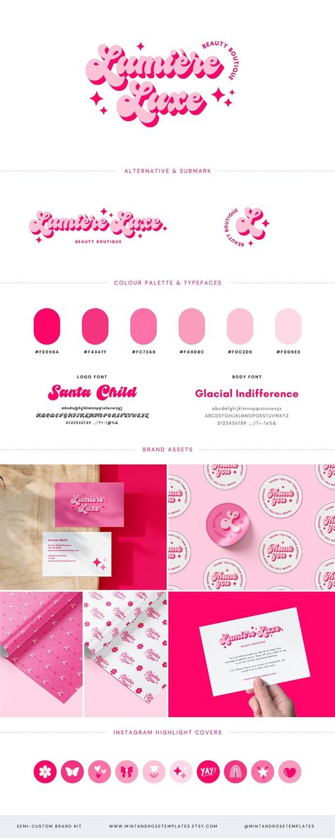 Semi Custom Pink Retro Logo, Pretty Beauty Brand Bundle, Funky Logo Brand Kit, Boho Pre-made Vintage Logo Design, Hippie 70s Bohemian Logo - Etsy UK Branding Design Canva, Funky Logo Ideas, Pink Branding Design, Colorful Logo Design Ideas, Cute Logo Design Pink, Cool Branding Design, Fun Logo Ideas, Cute Brand Logo, Cute Logo Ideas