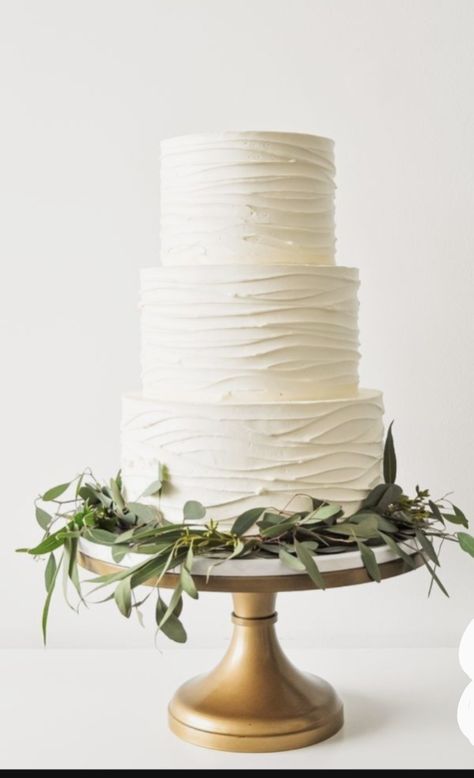 Wedding Cake Wavy Icing, Wedding Cake Designs Greenery, Simple 3 Layer Wedding Cake, Minimalist Buttercream Wedding Cake, Wedding Cake 3 Separate Tiers, Greenery On Wedding Cake, White Rose Cake Wedding, Wedding Cakes Greenery, Greenery Wedding Cakes