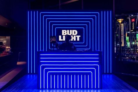 NVE had to provide an immersive opportunity for consumers and Anheuser-Busch stakeholders to interact with all three brands (Bud Light Core, Bud Light NEXT, and Bud Light Seltzer Hard Soda) throughout Crypto Arena. We had to activate the concourse to speak to the general public and give them an opportunity to sample Bud Light NEXT, the first zero carb beer. Boho Restaurant, Ceremony Decorations Outdoor, Shoe Store Design, Outdoor Restaurant Design, Dj Stage, Nightclub Design, Console Design, Dj Booth, Exhibition Stand Design