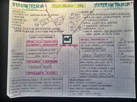 HYPOnatremia vs. HYPERnatremia! #nursenotes #sketchnote #nursingschool #nclexreview #nurselife #visualnote #studyspo #electrolytes #nursing #mindmaps Electrolytes Nursing, Concept Map Nursing, Nurse Notes, Nursing 101, Nursing School Essential, Cna Nurse, Nursing Exam, Fluid And Electrolytes, Pa School