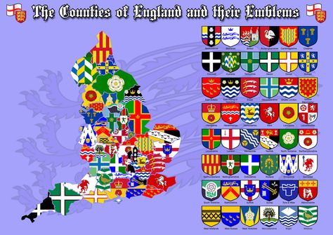 The Counties of England, their flags & emblems | by The_Virgo English Coat Of Arms, Scotney Castle, County Flags, Counties Of England, Heraldry Design, Irish Ancestry, Castles In England, English Test, Manchester England