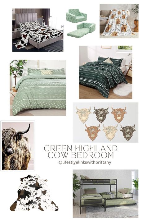 Green highland cow bedroom! #cowbedroom #highlandcow #greenbedroom Highland Cow Bedroom Ideas, Highland Cow Room, Cow Bedroom Ideas, Highland Cow Bedroom, Cow Bedroom, Room Teen Girl, Cow Room, Brittany Lee, Twin Girl