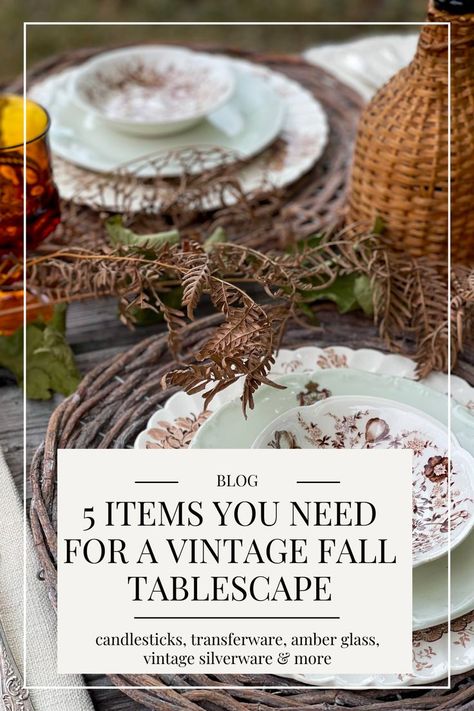 The first day of fall is just around the corner and with the change in season comes the excitement of the holidays ahead. Whether you’re hosting your friends for dinner, or your family at Thanksgiving, we’re here to help with a few tips on setting a beautiful table that will surely impress your guests! Read on to learn about the 5 items you’ll need to recreate this simple fall tablescape at home. French Fall Tablescapes, French Country Fall Tablescape, Brown Transferware Tablescape, Ikea Thanksgiving Table, Fall Tables Apes, Vintage China Tablescape, Early Fall Tablescapes, Dining Table Vignette, Vintage Fall Tablescapes