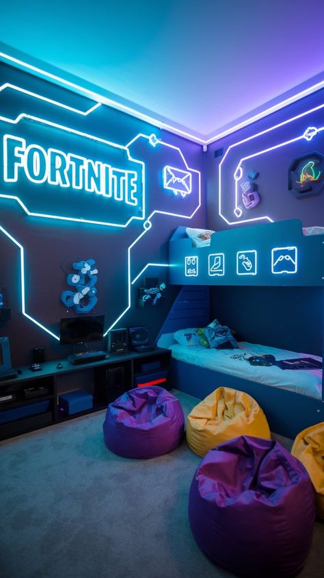 Create a one-of-a-kind gaming bedroom with futuristic neon lights, vibrant decor, and a modern bunk bed design. Perfect for young gamers, this room combines style, comfort, and creativity. 🕹️✨        Explore more unique gaming room ideas and inspiring wall art designs for your home! Visit www.wallartinspiration.com for creative tips and trends. 🚀 Game Room Boy, Gaming Bunk Bed Ideas, Video Games Room Decor, Low Budget Gaming Room, Neon Lights Boys Bedroom, Bunk Bed With Gaming Setup, Teenage Gamer Boy Room Ideas, Fortnight Room, 8 Year Boy Room Ideas Gaming