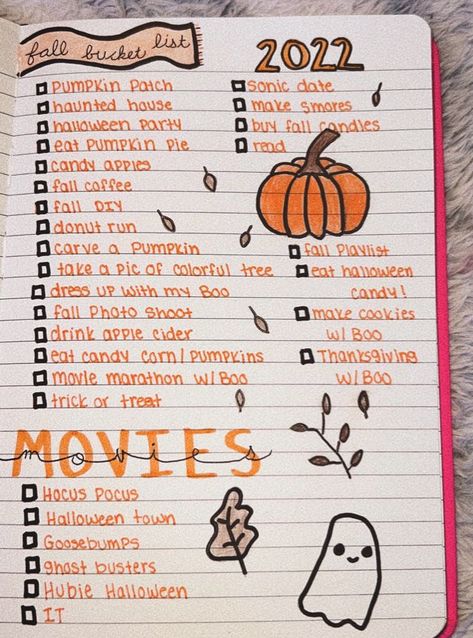 🧡👻🎃🖤🍂 2022 fall bucket list #aesthetic #bucketlist #journal #journaling #goalsetting #halloween #fall #fallvibes #thanksgiving #october #november #pumpkin #haunted #diy #diyideas Halloween Journal Ideas, Thanksgiving Bucket List, Trick Or Treat Movie, Thanksgiving Apple Cider, Bucket List Aesthetic, Autumn Bullet Journal, Thanksgiving Hacks, List Aesthetic, Bullet Journal October