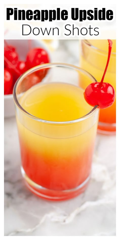 Shot glass with red and orange drink and a cherry. Upside Down Cocktail, Pineapple Upside Down Cake Drink, Pineapple Upside Down Cake Shot, Drinks With Grenadine, Fruity Cocktail Recipes, Drinks With Pineapple Juice, Vodka And Pineapple Juice, Fruity Mixed Drinks, Fruity Alcohol Drinks