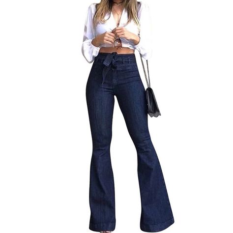 Julycc - Julycc Womens High Rise Denim Pants Flared Bell Bottom Jeans With Belt - Walmart.com - Walmart.com Flaired Jeans, Amazon Closet, Wrangler Jeans Womens, High Waisted Bell Bottom Jeans, Bottom Jeans Outfit, Bell Bottom Jeans Outfit, Best Jeans For Women, Elastic Waist Jeans, Flare Denim Jeans