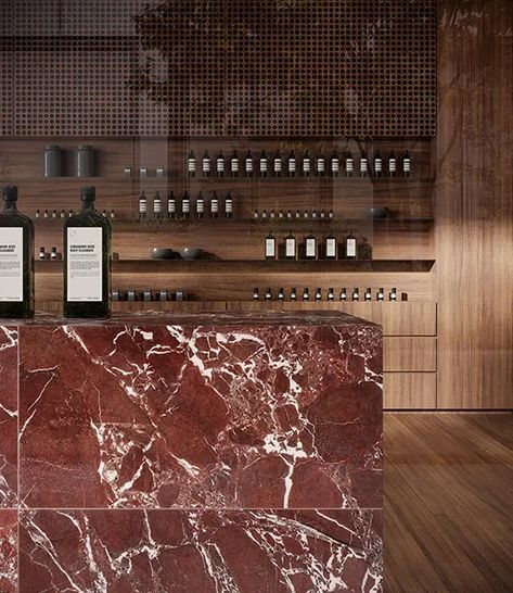 Colorful Marble Countertops, Red Quartz Countertops, Rosso Alicante Marble, Red Marble Interior, Maroon Interior Design, Red Marble Countertops, Red Stone Kitchen, Bold Kitchen Design, Red Marble Kitchen