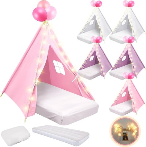 Amazon.com: Lemosae 6 Pack Teepee Tent for Kids Bulk with Inflatable Airbed String Light Fitted Sheet Natural Cotton Washable Toddler Play Tent for Girls Boys Slumber Party Indoor Outdoor (Pink, Purple, White) : Toys & Games Toddler Play Tent, Tent For Kids, 50 Balloons, Kids Teepee Tent, Happy 13th Birthday, Inflatable Bed, Teepee Kids, Teepee Tent, Air Bed