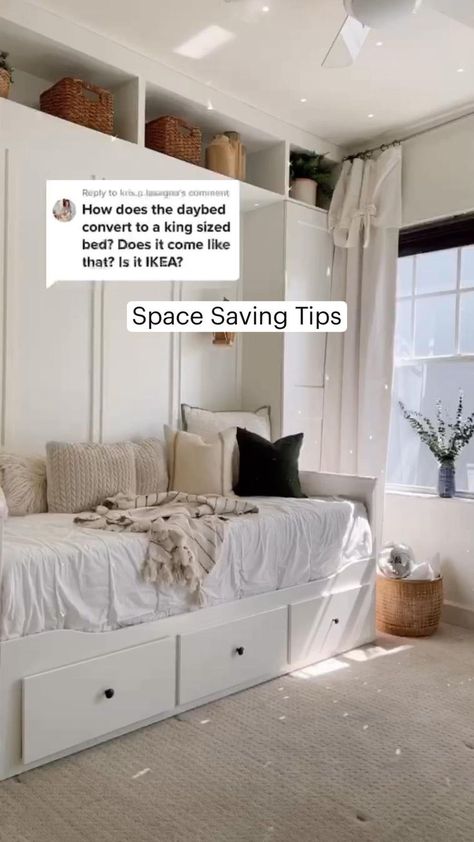 Space Saving Tips. A day bed that coverts to almost a king size bed when needed. in 2022 | Bedroom makeover, Minimalist bedroom, Home Space Day, 2022 Bedroom, Diy Daybed, Comfortable Living Room, Day Bed, A King, Dream Rooms, King Size Bed, Minimalist Bedroom